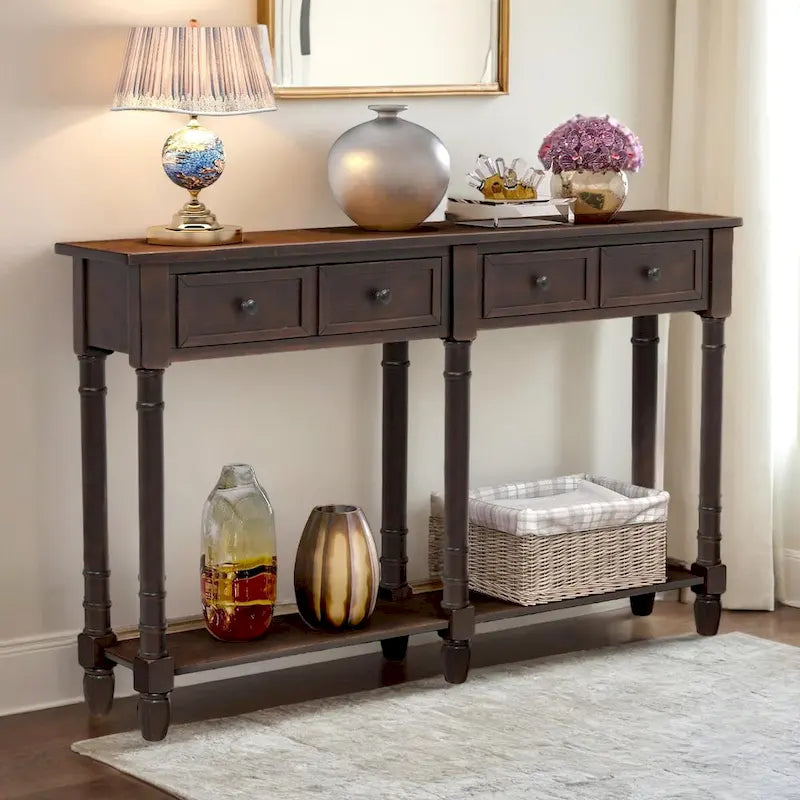 Console de canapé en bois de pin et MDF, assemblage facile avec deux tiroirs de rangement et une étagère inférieure pour salon, entrée