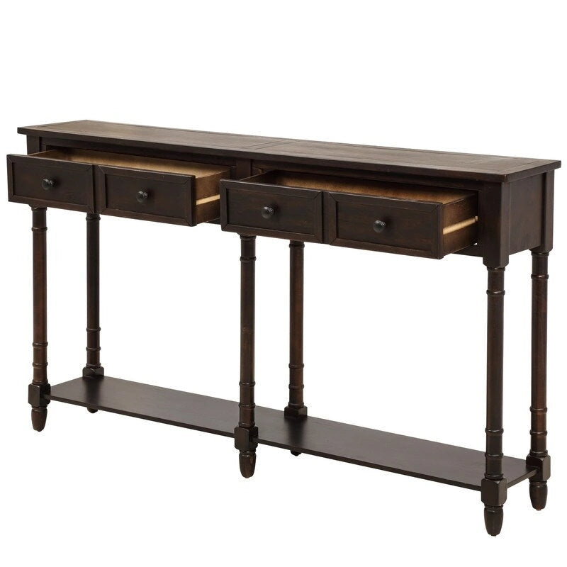Console de canapé en bois de pin et MDF, assemblage facile avec deux tiroirs de rangement et une étagère inférieure pour salon, entrée