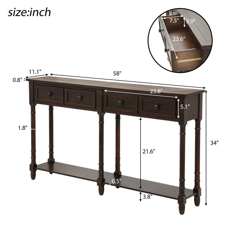 Console de canapé en bois de pin et MDF, assemblage facile avec deux tiroirs de rangement et une étagère inférieure pour salon, entrée