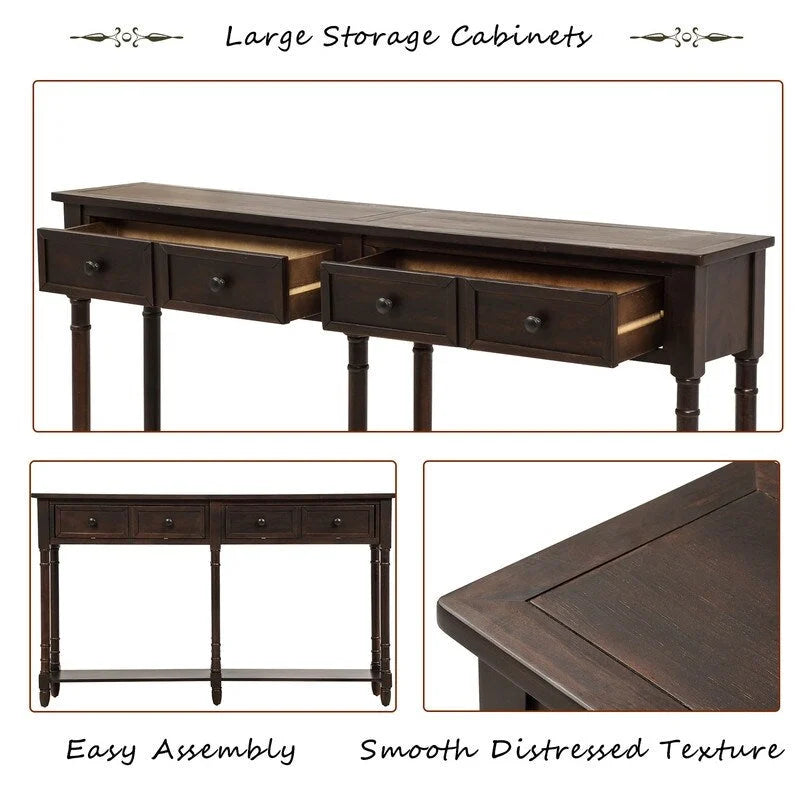 Console de canapé en bois de pin et MDF, assemblage facile avec deux tiroirs de rangement et une étagère inférieure pour salon, entrée