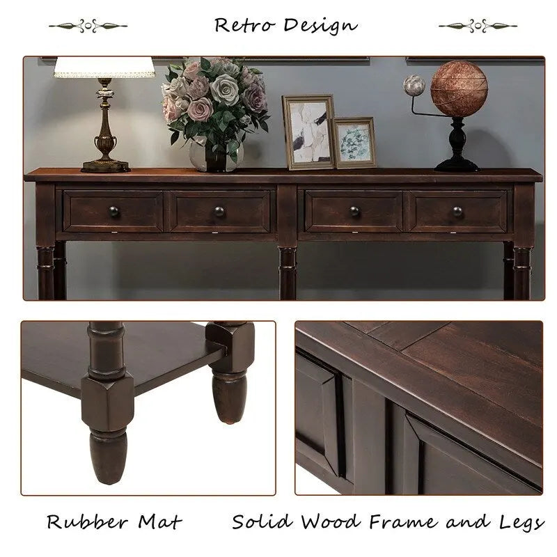 Console de canapé en bois de pin et MDF, assemblage facile avec deux tiroirs de rangement et une étagère inférieure pour salon, entrée