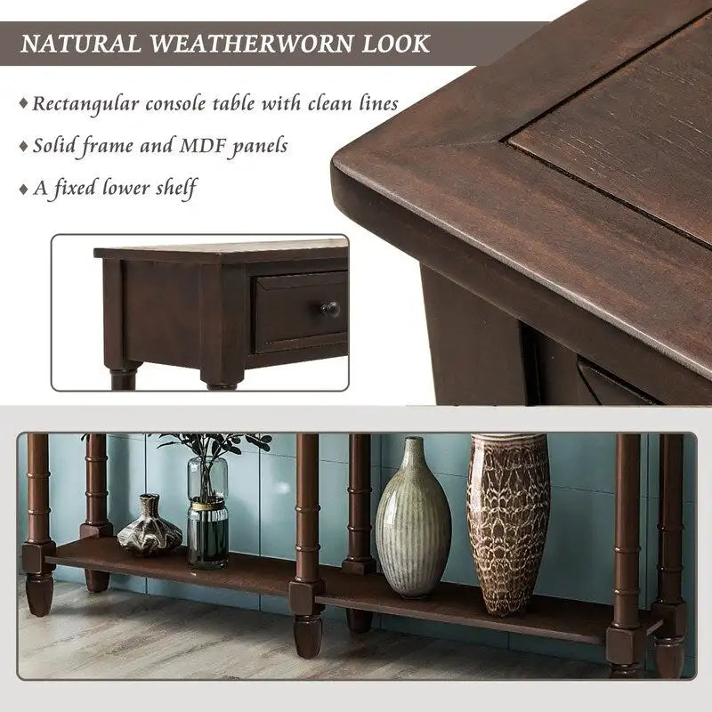 Console de canapé en bois de pin et MDF, assemblage facile avec deux tiroirs de rangement et une étagère inférieure pour salon, entrée