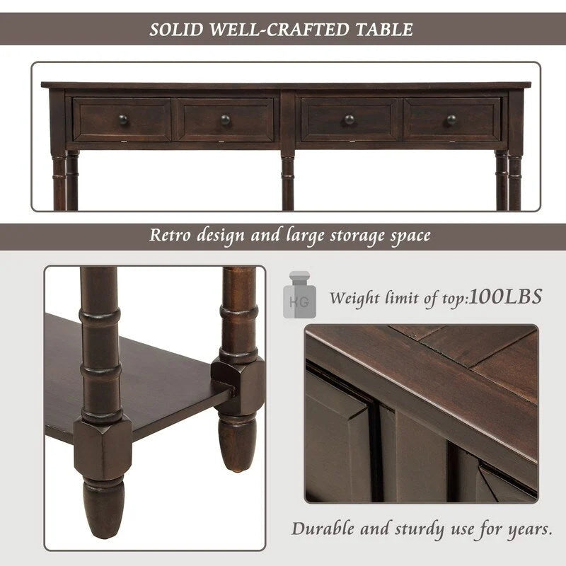 Console de canapé en bois de pin et MDF, assemblage facile avec deux tiroirs de rangement et une étagère inférieure pour salon, entrée