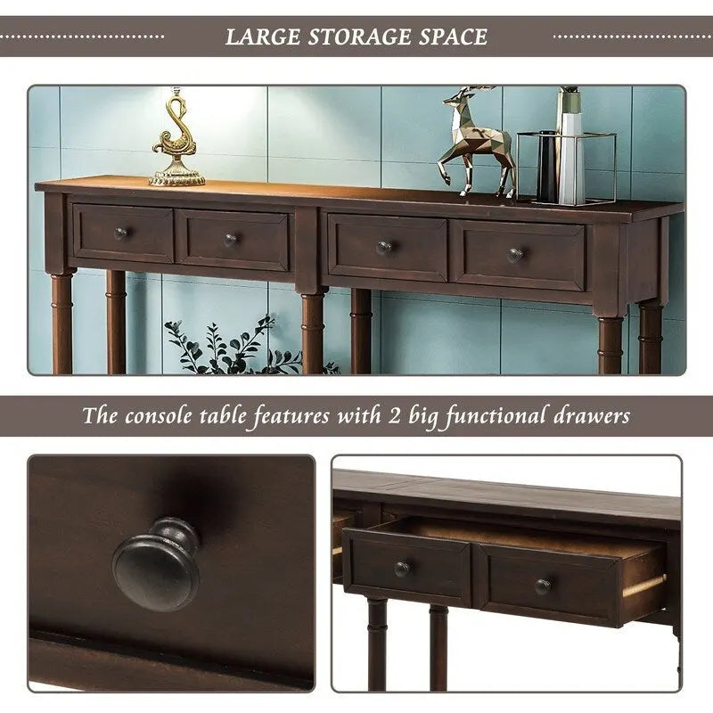 Console de canapé en bois de pin et MDF, assemblage facile avec deux tiroirs de rangement et une étagère inférieure pour salon, entrée