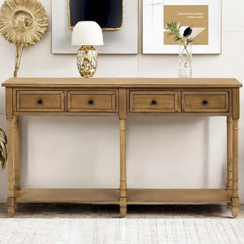 Console de canapé en bois de pin et MDF, assemblage facile avec deux tiroirs de rangement et une étagère inférieure pour salon, entrée