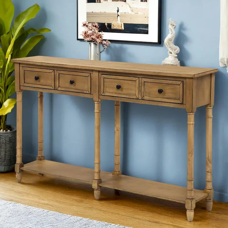 Console de canapé en bois de pin et MDF, assemblage facile avec deux tiroirs de rangement et une étagère inférieure pour salon, entrée