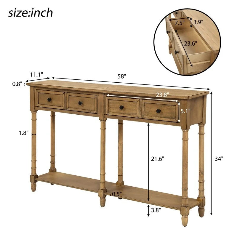 Console de canapé en bois de pin et MDF, assemblage facile avec deux tiroirs de rangement et une étagère inférieure pour salon, entrée