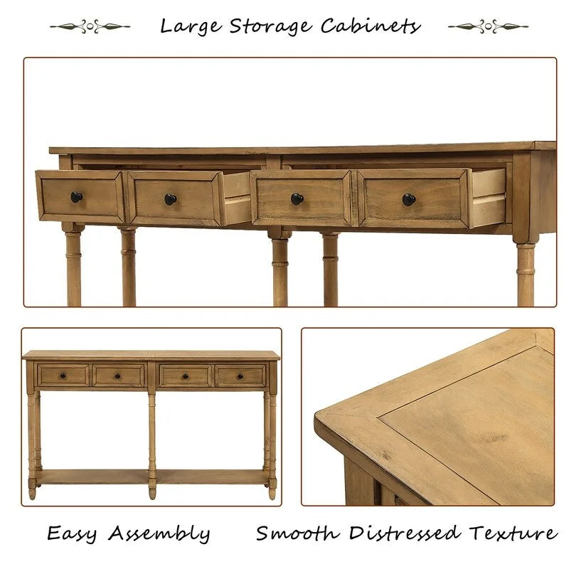 Console de canapé en bois de pin et MDF, assemblage facile avec deux tiroirs de rangement et une étagère inférieure pour salon, entrée