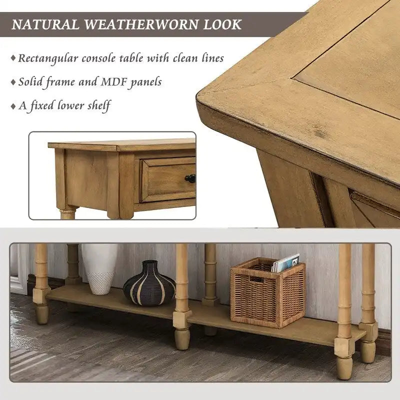 Console de canapé en bois de pin et MDF, assemblage facile avec deux tiroirs de rangement et une étagère inférieure pour salon, entrée