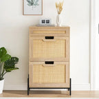 Meuble à chaussures noir moderne avec 2 portes abattantes, tiroir supérieur et design en rotin – Rangement pour entrée