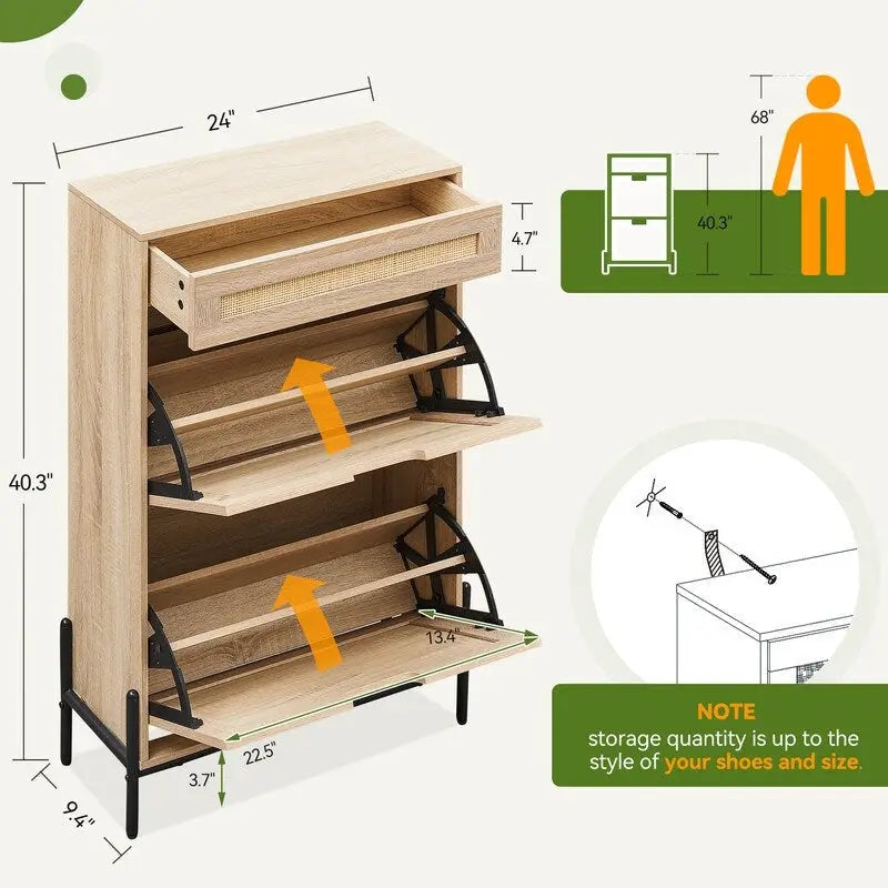 Meuble à chaussures noir moderne avec 2 portes abattantes, tiroir supérieur et design en rotin – Rangement pour entrée