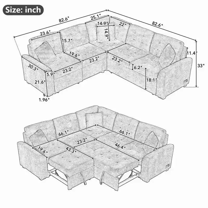 Canapé-lit d'angle de 82,6 po avec roues et ports USB
