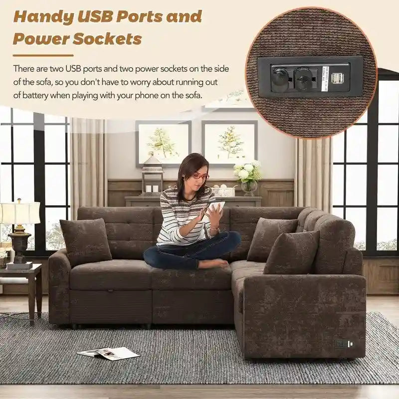 Canapé-lit d'angle de 82,6 po avec roues et ports USB