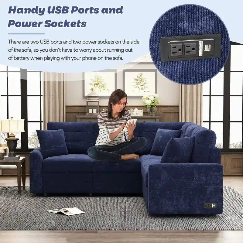 Canapé-lit d'angle de 82,6 po avec roues et ports USB