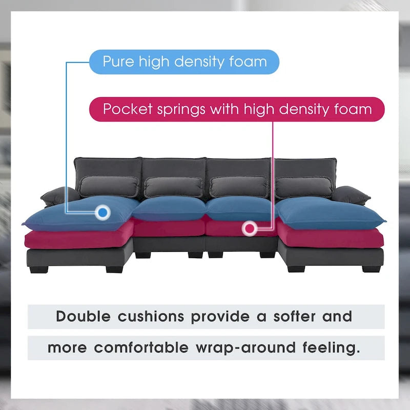 Canapé sectionnel en U rembourré à 6 places avec oreillers lombaires