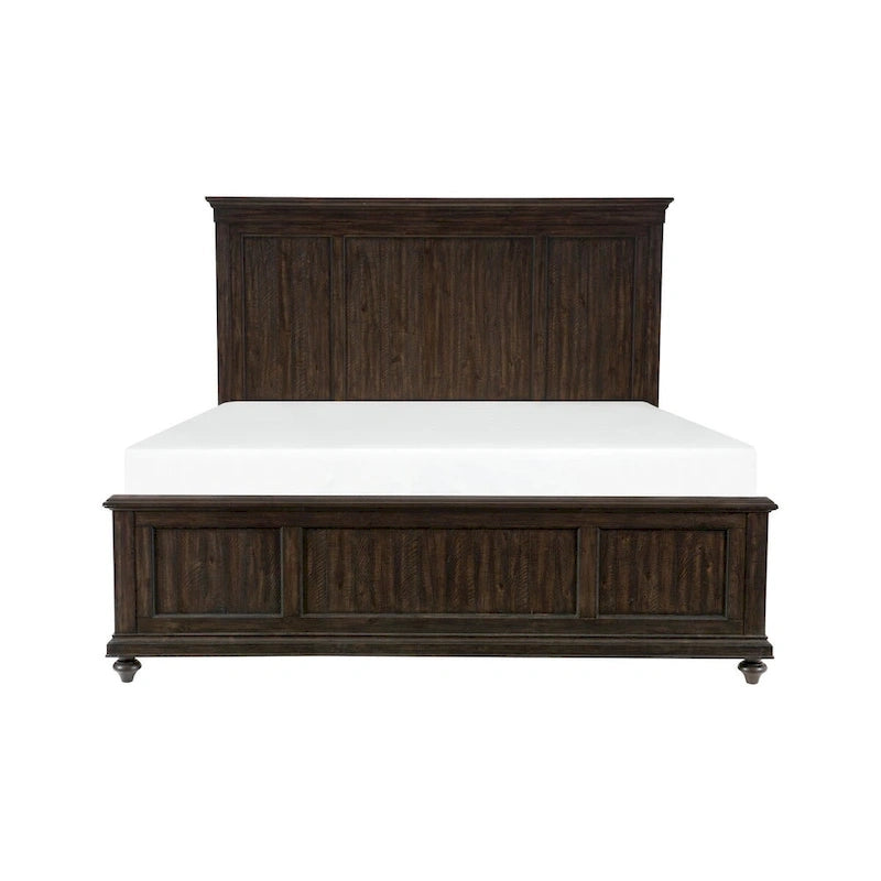 Chambre 3 pièces avec lit, table de chevet et commode finition charbon de bois flotté