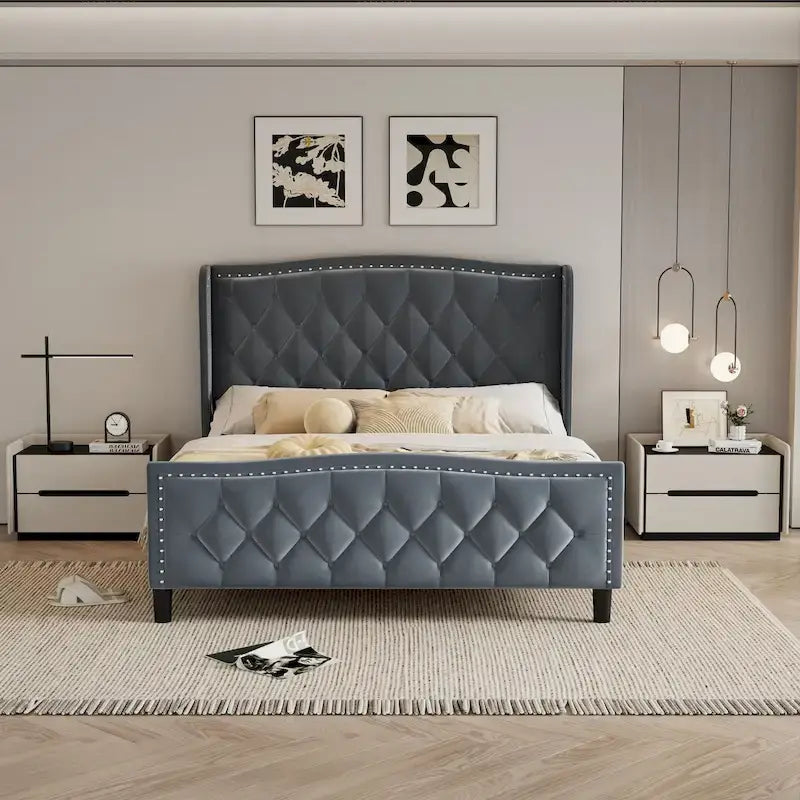 Cadre de lit Queen Size, lit plateforme tapissé avec tête de lit à oreilles, cadre de lit en velours, support à lattes en bois, pas besoin de sommier.