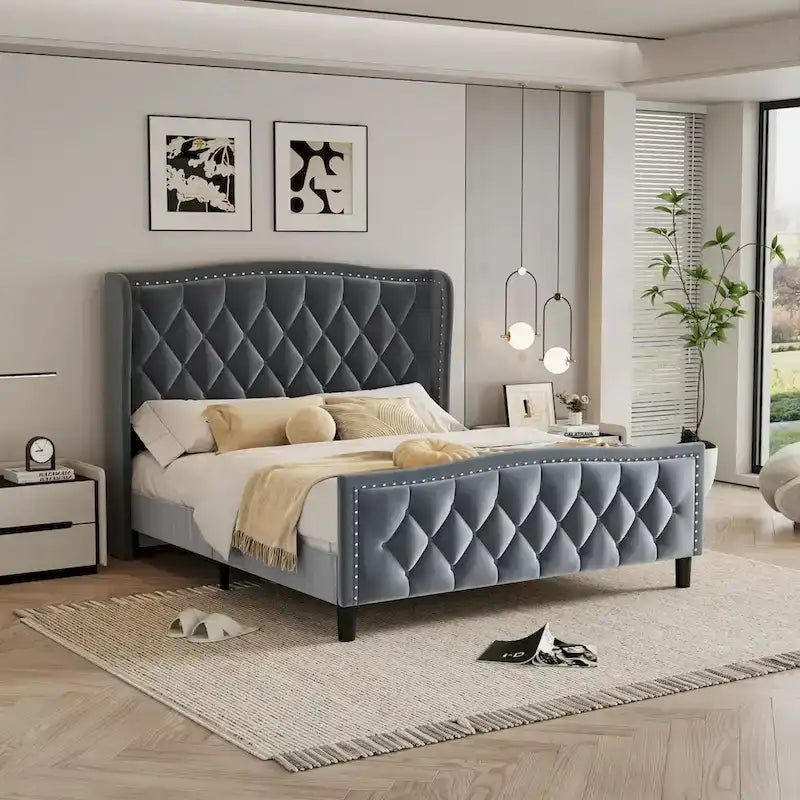 Cadre de lit Queen Size, lit plateforme tapissé avec tête de lit à oreilles, cadre de lit en velours, support à lattes en bois, pas besoin de sommier.