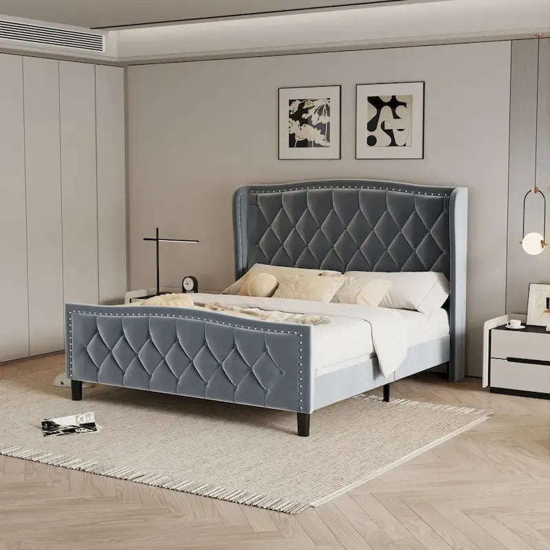 Cadre de lit Queen Size, lit plateforme tapissé avec tête de lit à oreilles, cadre de lit en velours, support à lattes en bois, pas besoin de sommier.