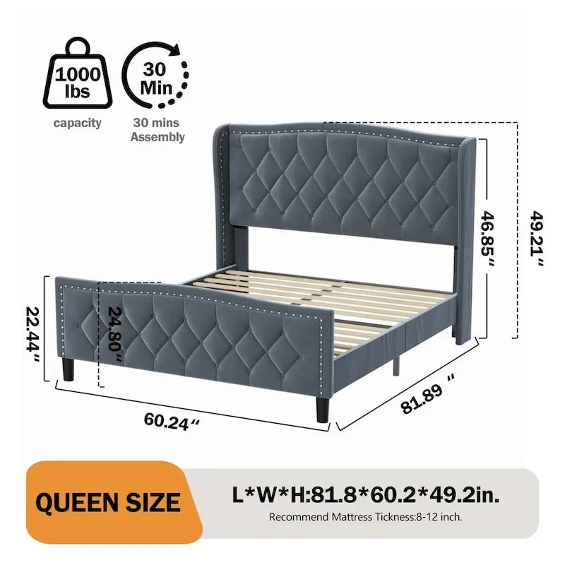 Cadre de lit Queen Size, lit plateforme tapissé avec tête de lit à oreilles, cadre de lit en velours, support à lattes en bois, pas besoin de sommier.