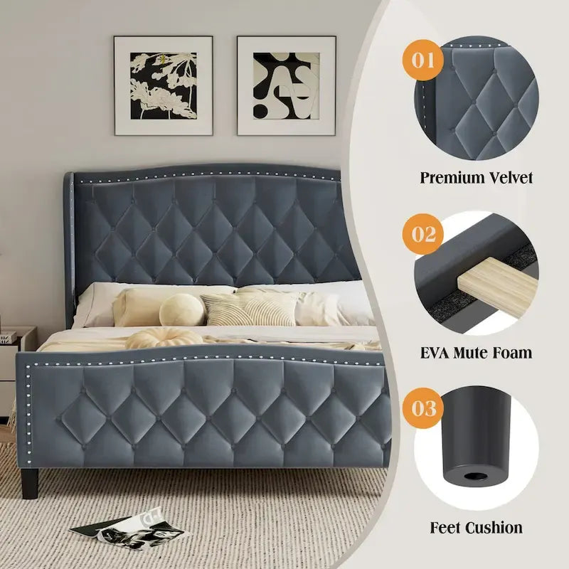 Cadre de lit Queen Size, lit plateforme tapissé avec tête de lit à oreilles, cadre de lit en velours, support à lattes en bois, pas besoin de sommier.