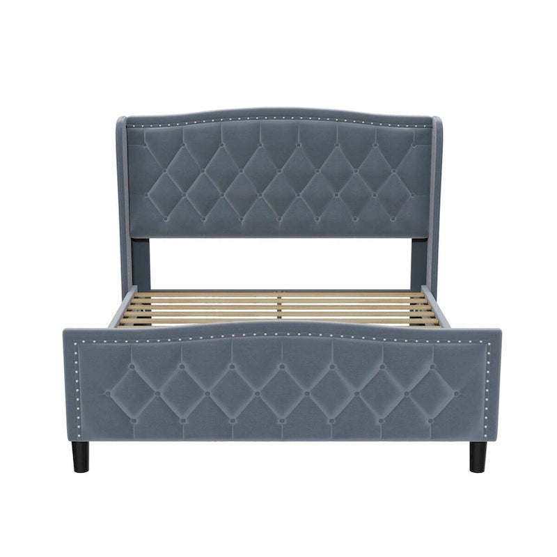 Cadre de lit Queen Size, lit plateforme tapissé avec tête de lit à oreilles, cadre de lit en velours, support à lattes en bois, pas besoin de sommier.