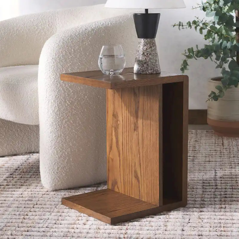 Table d'appoint en bois en forme de C – Placage chêne, design minimaliste
